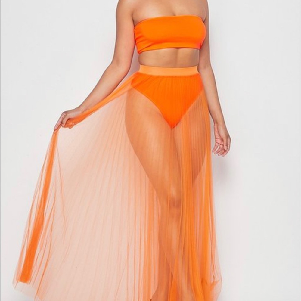 Bandeau set with sheer skirt.